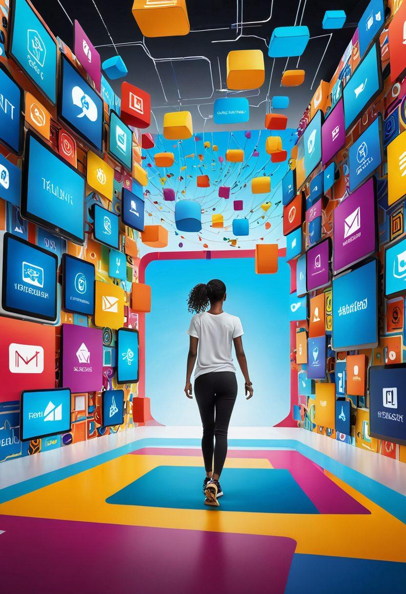 A visually engaging scene illustrating a person effortlessly navigating through a digital landscape of various subscription plans represented as colorful floating screens. The individual, with a look of ease, interacts with icons symbolizing entertainment, fitness, and learning subscriptions. The background features abstract shapes and vibrant colors to signify flexibility and choice. Include elements that evoke connectivity, such as subtle circuit patterns and smooth lines. super-realistic. vibrant colors. white background.